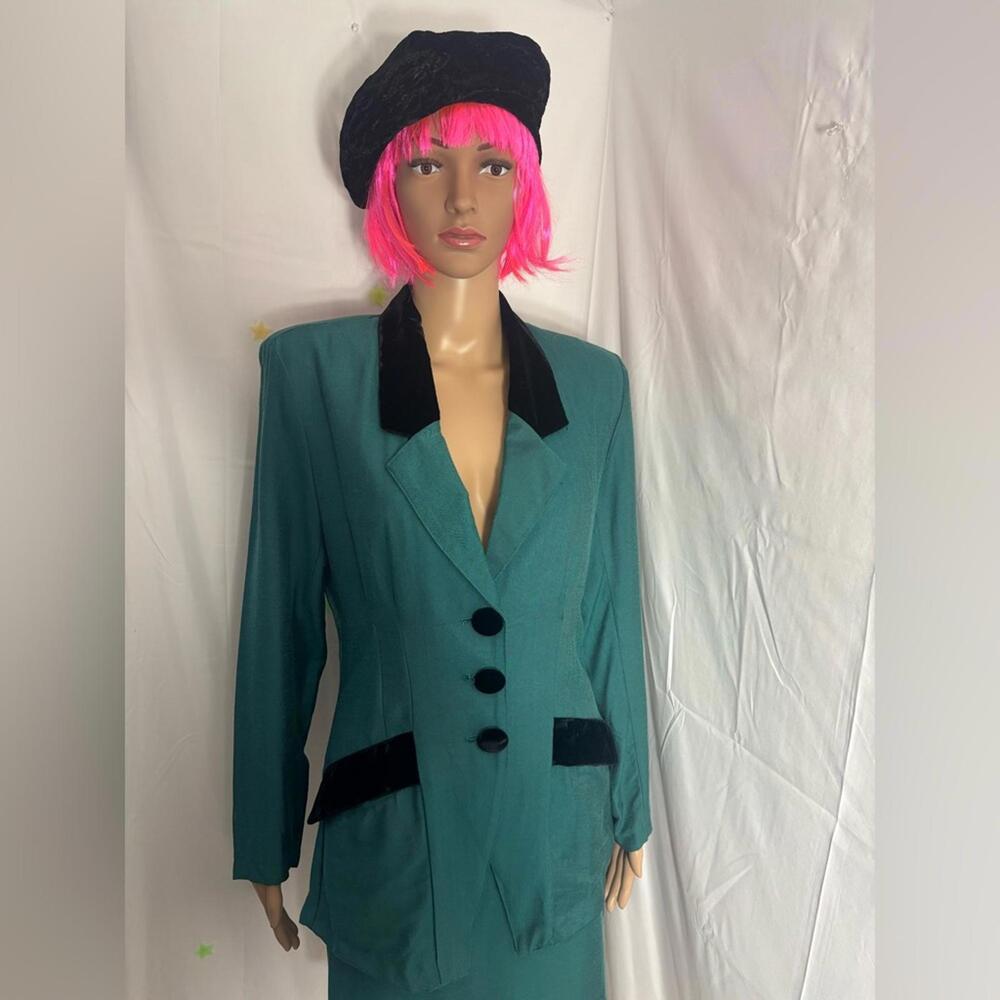 VTG 90s Teal+Black Velvet Structured Blazer and Pencil Skirt Set Size S - Picture 15 of 15